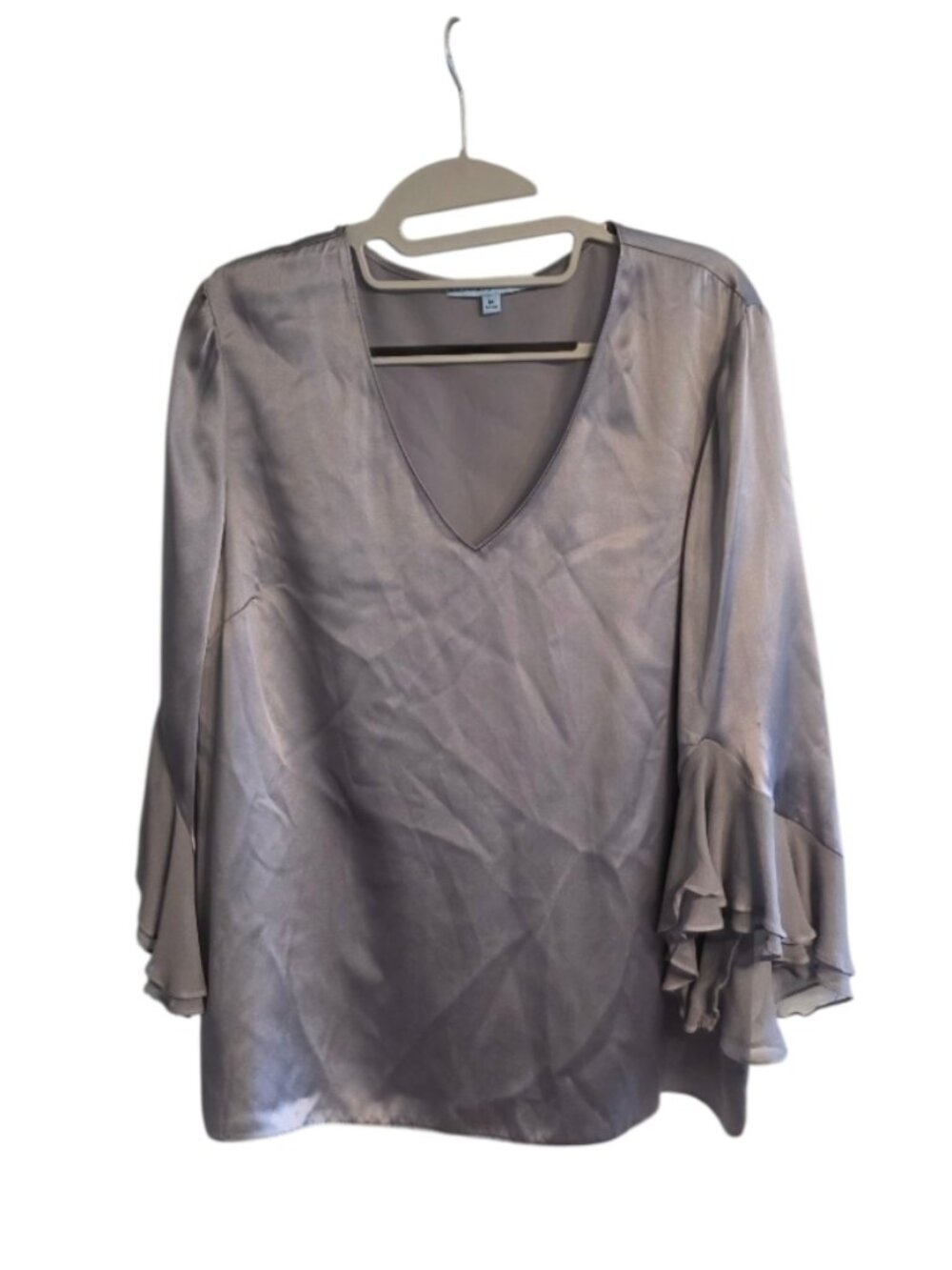 Antonio Melani Silk Blouse Silver Gray Tiered Bell Sleeves Sz M V-Neck Top